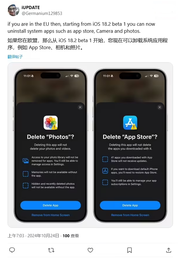 墨竹工卡苹果手机维修分享iOS 18.2 支持删除 App Store 应用商店 