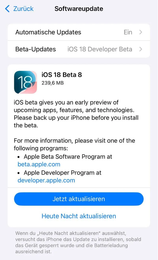 墨竹工卡苹果手机维修分享苹果 iOS / iPadOS 18 开发者预览版 Beta 8 发布 